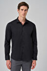  Erkek Siyah Basic Düz Desen İtalyan Yaka Slim Fit Gömlek
