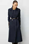 Mizalle Lacivert Apoletli Klasik Maxi Mac Trençkot