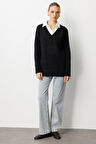 Mizalle V Yaka Oversize Siyah Triko Kazak