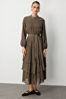 Mizalle Kat Pileli Maksi Haki Elbise