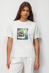 Mizalle Monet Water Lilies Baskılı Suprem Beyaz T-Shirt