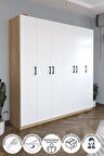 Bofigo 6 Kapaklı 16 Raflı Gardırop Elbise Dolabı 6 Kapaklı Gardırop Smyrna Safir Meşe Beyaz