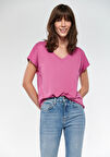 Mavi V Yaka Pembe Basic Tişört 167714-70955