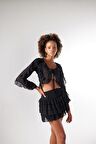 Bel Bağlamalı Volanlı Mini Elsa Etek Siyah