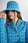 Tüvit Kumaş Logolu Bucket Tweed Şapka Mavi