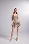 Kemerli Ekoseli Pilili Mini Merida Şort Etek Bej