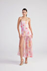 Gül Desenli Gipeli Yırtmaçlı Şifon Uzun Vivian Elbise Pembe