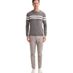 Slim Fit Viskon Kumaş Basic İki Çizgili Bisiklet Yaka Kazak