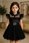 Clario - Kız Çocuk Siyah Tül Elbise - Kız Çocuklar İçin Taşlı Kemerli, Saten Detaylı Özel Gün Elbisesi 