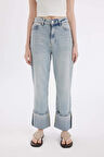 DeFacto Straight Fit Yüksek Bel Katlamalı Paça Bilek Boy Jean Yıkamalı Pantolon D0327AX24HSNM85