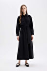 DeFacto Gömlek Yaka Basic Düz Düğmeli Kemerli Poplin Uzun Kollu Maxi Siyah Elbise D4164AX24AUBK27