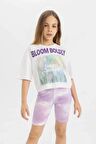 DeFacto Kız Çocuk Bisiklet Yaka Baskılı Kısa Kollu Crop Tişört C9782A824HSWT34