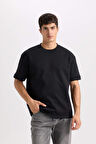 DeFacto Oversize Geniş Kalıp Bisiklet Yaka Basic Düz Kısa Kollu Ağır Kumaş Siyah Tişört B6494AX25SPBK81