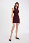 DeFacto Bodycon Vücuda Oturan Bisiklet Yaka Drapeli Basic Düz Kolsuz Mini Bordo Elbise D3065AX24AUBR171