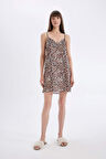 DeFacto Leopar Desenli V Yaka Saten Askılı Gecelik-Fall in Love D4407AX24HSBK81