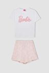 DeFacto Kız Çocuk Barbie Pijama Takımı Boxy Fit Kısa Kollu Üst Şort C8504A824SMWT34