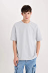 Defacto X3926 Gri Oversize Geniş Kalıp Ütü Gerektirmeyen Bisiklet Yaka Kısa Kollu Basic Düz Ağır Kumaş Tişört