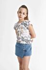DeFacto Kız Çocuk Bisiklet Yaka Desenli Kısa Kollu Crop Tişört C4708A824SMER99
