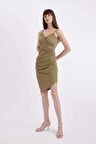 DeFacto Bodycon Vücudu Saran V Yaka Drapeli Bürümcük Askılı Midi Abiye Elbise A8880AX24HSKH462