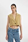 DeFacto Crop Ceket Yaka Basic Düz Blazer Yelek D1199AX24SMKH485