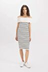 DeFacto Fitted Çizgili Açık Omuz Triko Midi Elbise D2995AX24SMER105