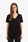 DeFacto %100 Pamuk Regular Fit V Yaka Basic Düz Kısa Kollu Siyah Tişört W9578AZ25SPBK81