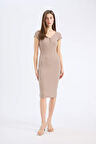 DeFacto Bodycon Vücudu Saran V Yaka Fitilli Kaşkorse Kısa Kollu Midi Elbise E7368AX25SPBG73
