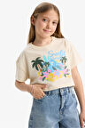 DeFacto Kız Çocuk Crop Bisiklet Yaka Baskılı Kısa Kollu Tişört E0388A825SMER233