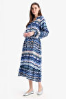 DeFacto Regular Fit Desenli Bisiklet Yaka Uzun Kollu Midi Elbise D5447AX25SPIN59