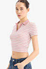DeFacto Fitted Polo Yaka Çizgili Fitilli Kaşkorse Kısa Kollu Tişört E7907AX25SMBR138