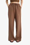 Wide Leg Çift Cepli Beli Lastikli Standart Boy Keten Karışımlı Pantolon
