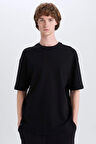 DeFacto Boxy Fit Bisiklet Yaka Kısa Kollu Basic Düz Waffle Siyah Tişört B4443AX25SPBK81