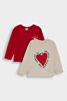 Kız Bebek Bisiklet Yaka Kalp Desenli 2'li Uzun Kollu Tişört