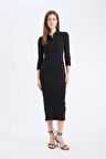 DeFacto Bodycon Vücudu Saran Polo Yaka Basic Düz Fitilli Kaşkorse Yarım Kollu Midi Elbise E2245AX25SPBK81