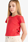 DeFacto Kız Çocuk Slim Fit Dar Kesim Bisiklet Yaka Fitilli Kaşkorse Kısa Kollu Tişört F0306A825SMRD87