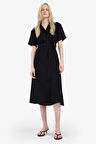 DeFacto Gömlek Yaka Kuşaklı Kısa Kollu Midi Siyah Yazlık Elbise F2113AX25SMBK81