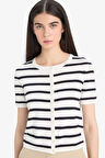 Regular Fit Bisiklet Yaka Çizgili Kısa Kollu Hırka