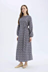 DeFacto Regular Fit Bisiklet Yaka Desenli Kuşaklı Uzun Kollu Maxi Elbise E5247AX25SPNV134