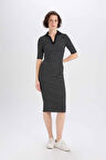 DeFacto Bodycon Vücudu Saran Polo Yaka Fitilli Kaşkorse Kısa Kollu Midi Elbise E6792AX25SPBK27