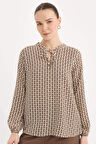 DeFacto Regular Fit Bağcıklı Yaka Desenli Uzun Kollu Bluz N1809AZ25SPER105