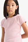 DeFacto Kız Çocuk Slim Fit Dar Kesim Bisiklet Yaka Basic Düz Fitilli Kaşkorse Kısa Kollu Tişört B3053A825SMPN47