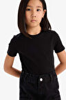 DeFacto Kız Çocuk Slim Fit Dar Kesim Bisiklet Yaka Ribana Basic Düz Kısa Kollu Tişört B3054A825SMBK81
