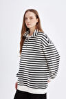 DeFacto Relax Fit Dik Yaka Fermuarlı Çizgili İçi Yumuşak Tüylü Kalın Sweatshirt Tunik E0840AX24WNBK81
