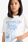 DeFacto Kız Çocuk Relax Fit Palmiye Baskılı Bisiklet Yaka Kısa Kollu Tişört E0390A825SMWT34