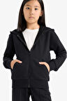 Kız Çocuk Basic Düz Kapüşonlu Fermuarlı Sweatshirt 