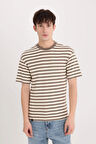 DeFacto Boxy Fit Bisiklet Yaka Çizgili Kısa Kollu Ağır Kumaş Tişört B5910AX25SPBN229