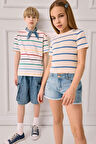 Kız Çocuk Cropped Fit Bisiklet Yaka Çizgili Kısa Kollu Kazak