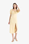 DeFacto A Kesim V Yaka Keten Karışımlı Yırtmaçlı Kısa Kollu Midi Yazlık Elbise F0534AX25SMYL251