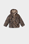 Kız Bebek Kapüşonlu Leopar Desenli Fermuarlı Pelüş Mont