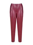 Beli Lastikli Pileli Vegan Deri Pantolon - Bordo